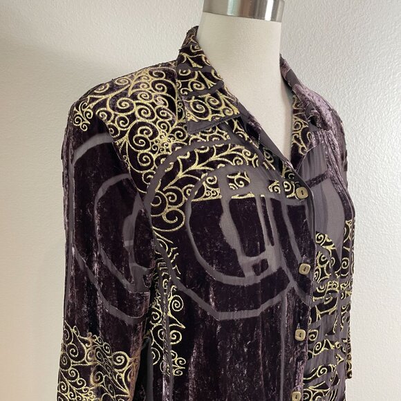 Un Jour Ailleurs Womens 10 Button Up Velvet Burnout Shirt Tunic Top Purple Gold - Picture 2 of 13